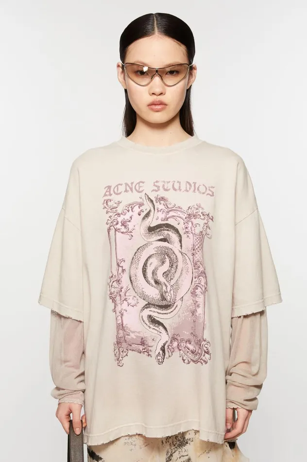 Acne Studios Layered Print Tshirt Faded Grey Women Tshirts