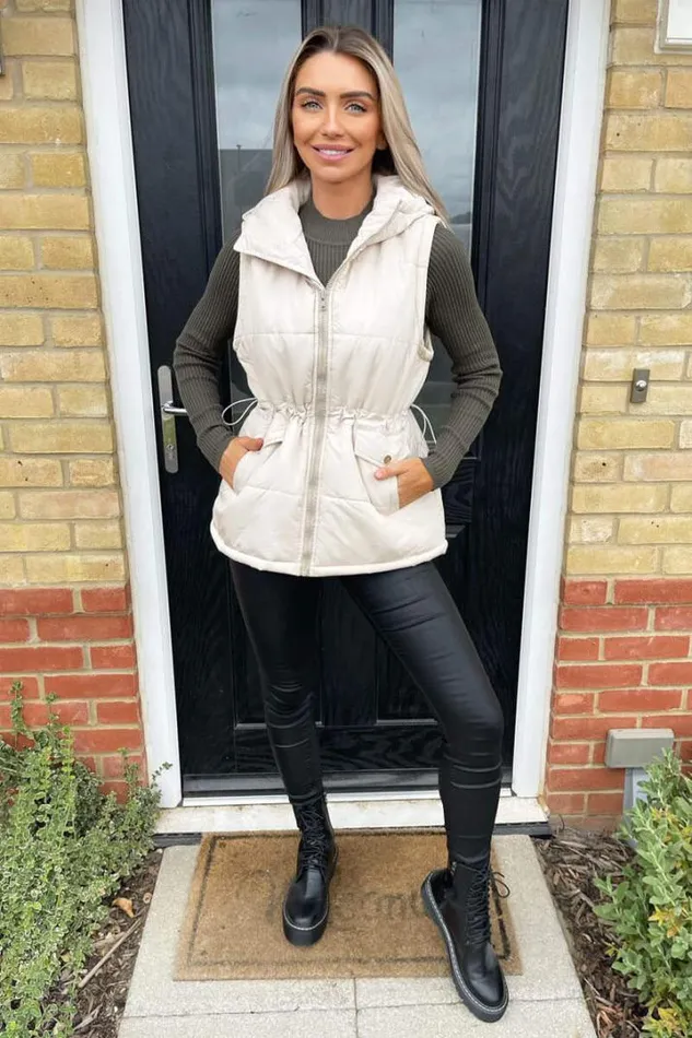 AX Paris Coats 038 Jackets Beige Drawstring Waist Hooded Gilet
