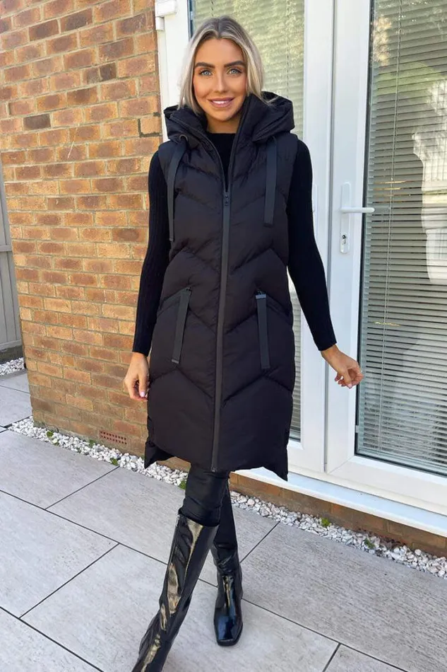 AX Paris Coats 038 Jackets Black Hooded Zip Up Gilet