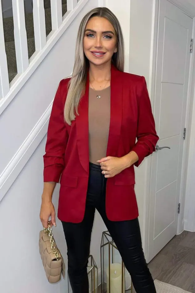 AX Paris Coats 038 Jackets Red Ruched Sleeve Blazer
