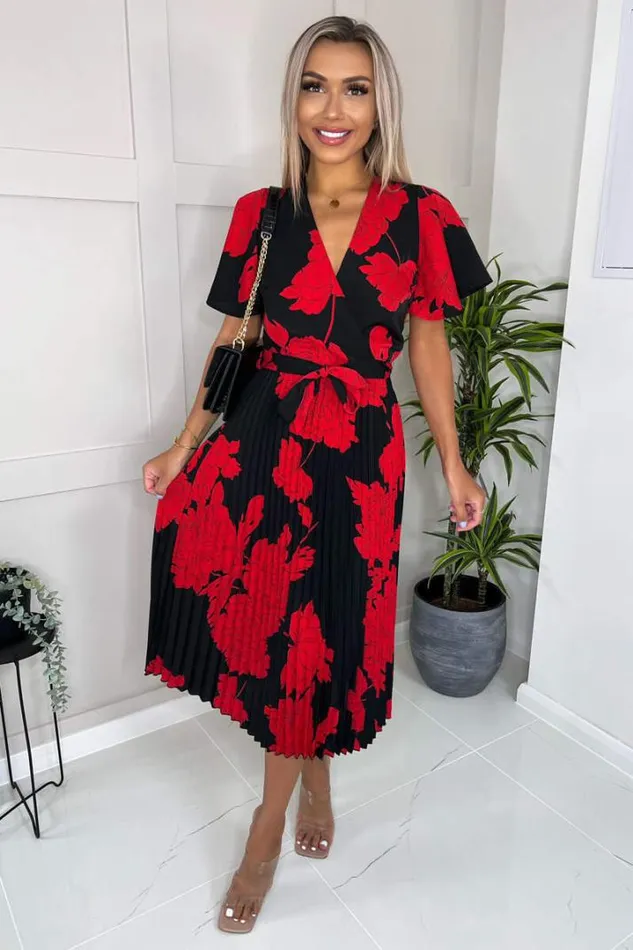 AX Paris Dresses Black And Red Floral Print Pleated Midi Dress