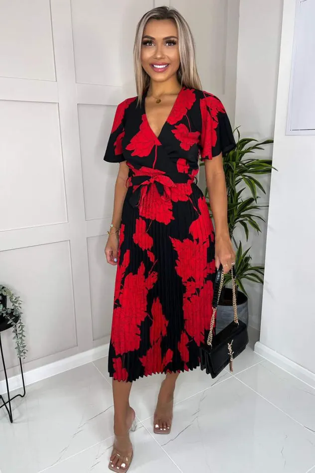 AX Paris Dresses Black And Red Floral Print Pleated Midi Dress