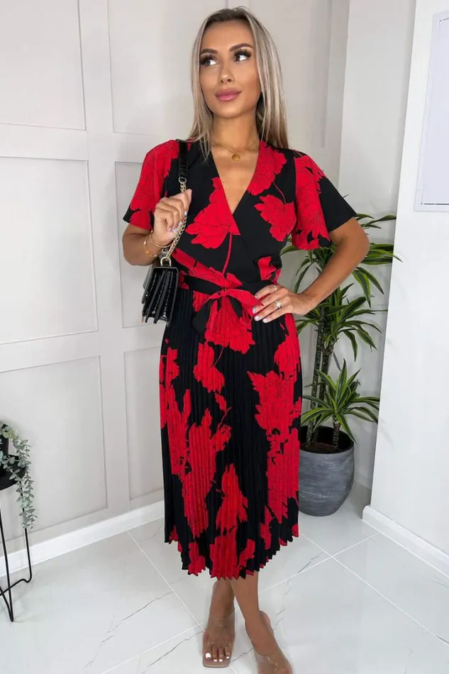 AX Paris Dresses Black And Red Floral Print Pleated Midi Dress