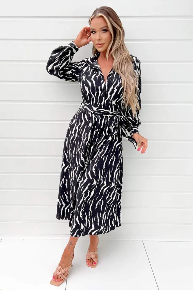 AX Paris Dresses Black And White Printed Button Up Midi Shirt Dress