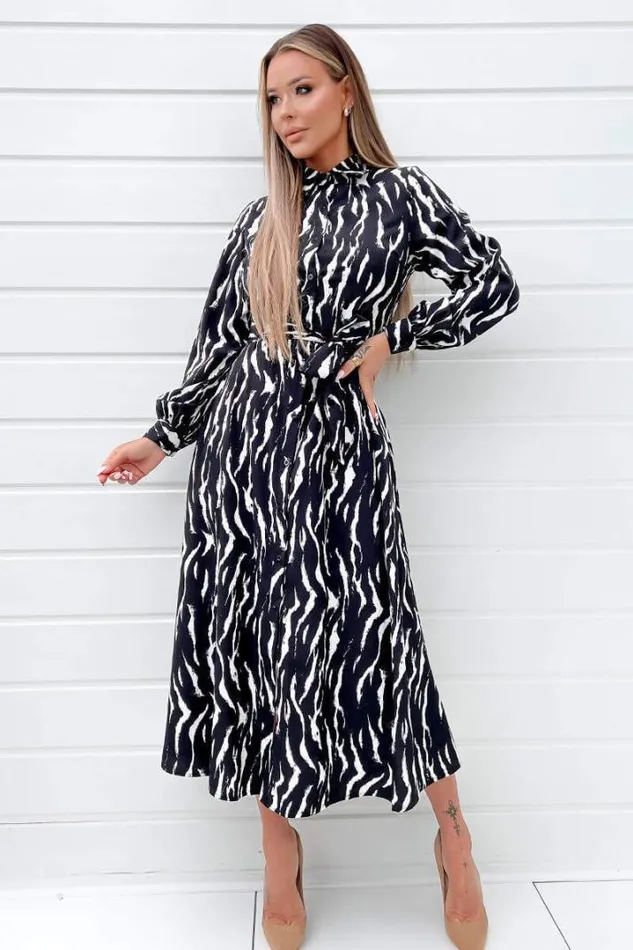 AX Paris Dresses Black And White Printed Button Up Midi Shirt Dress