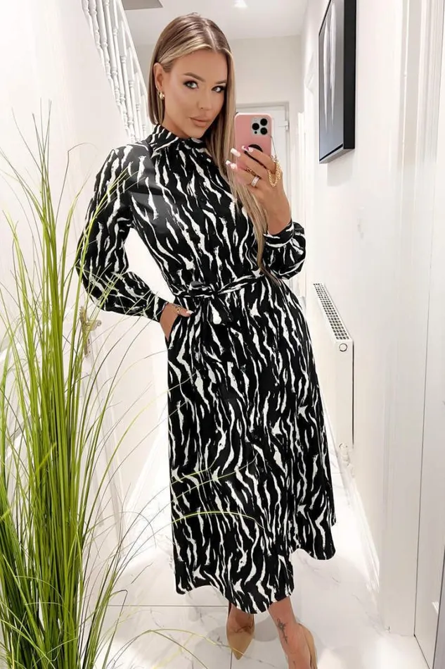 AX Paris Dresses Black And White Printed Button Up Midi Shirt Dress