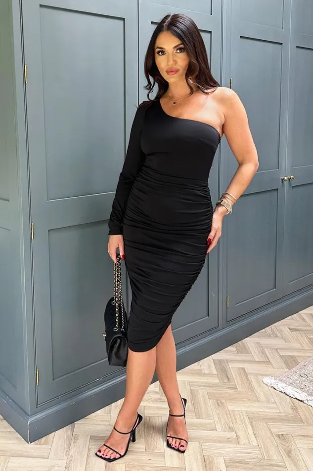 AX Paris Dresses Black One Sleeve Ruched Bodycon Midi Dress