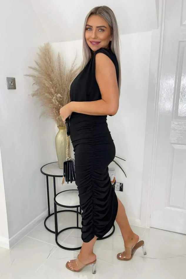 AX Paris Dresses Black Pleated Shoulder Sleeveless Bodycon Dress