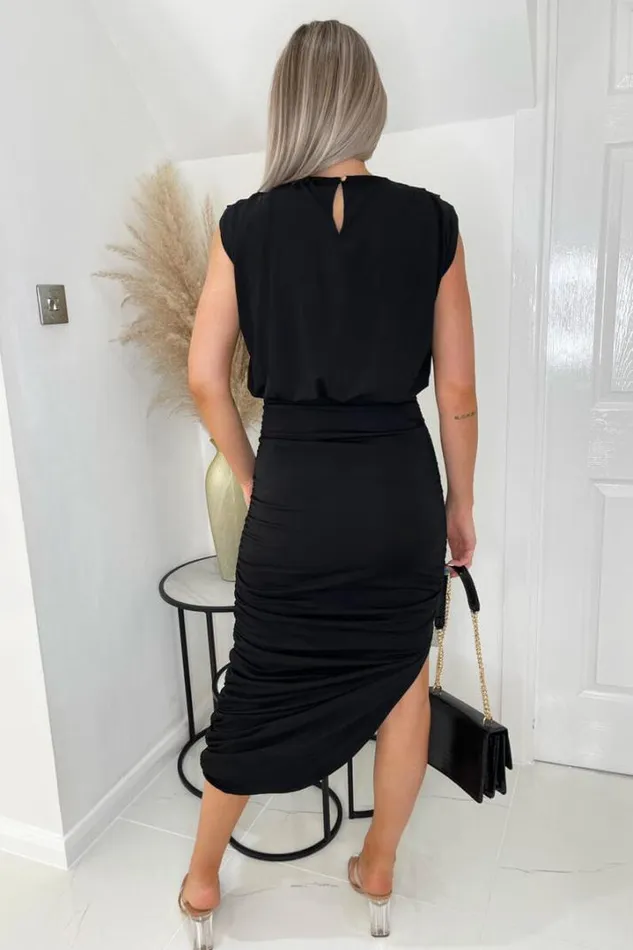 AX Paris Dresses Black Pleated Shoulder Sleeveless Bodycon Dress