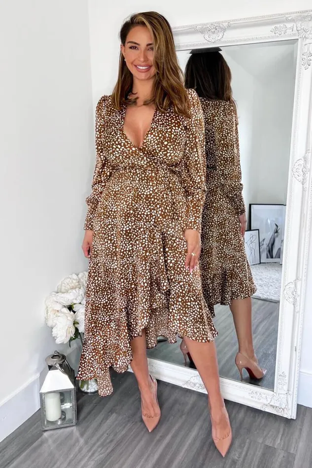 AX Paris Dresses Brown And Cream Printed VNeck Long Sleeve Midi Dress