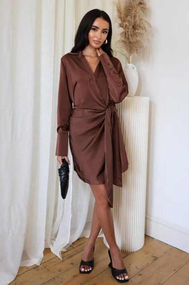 AX Paris Dresses Chocolate Satin Wrap Long Sleeve Mini Dress