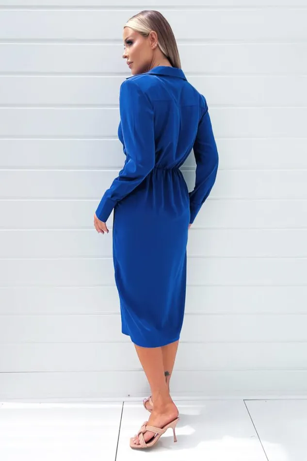 AX Paris Dresses Cobalt Blue Long Sleeve Midi Dress With Shoulder Pads