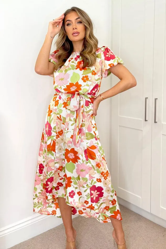 AX Paris Dresses Cream Floral Printed Puff Sleeve Tie Waist Midi Dress