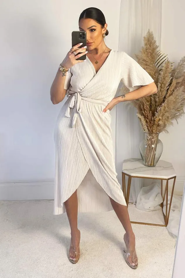 AX Paris Dresses Cream Wrap Top Belted Short Sleeve Plisse Midi Dress