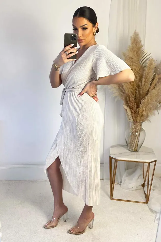 AX Paris Dresses Cream Wrap Top Belted Short Sleeve Plisse Midi Dress
