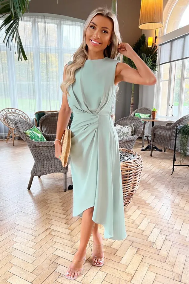 AX Paris Dresses Duck Egg Gathered Midi Dress With Shoulder Pads