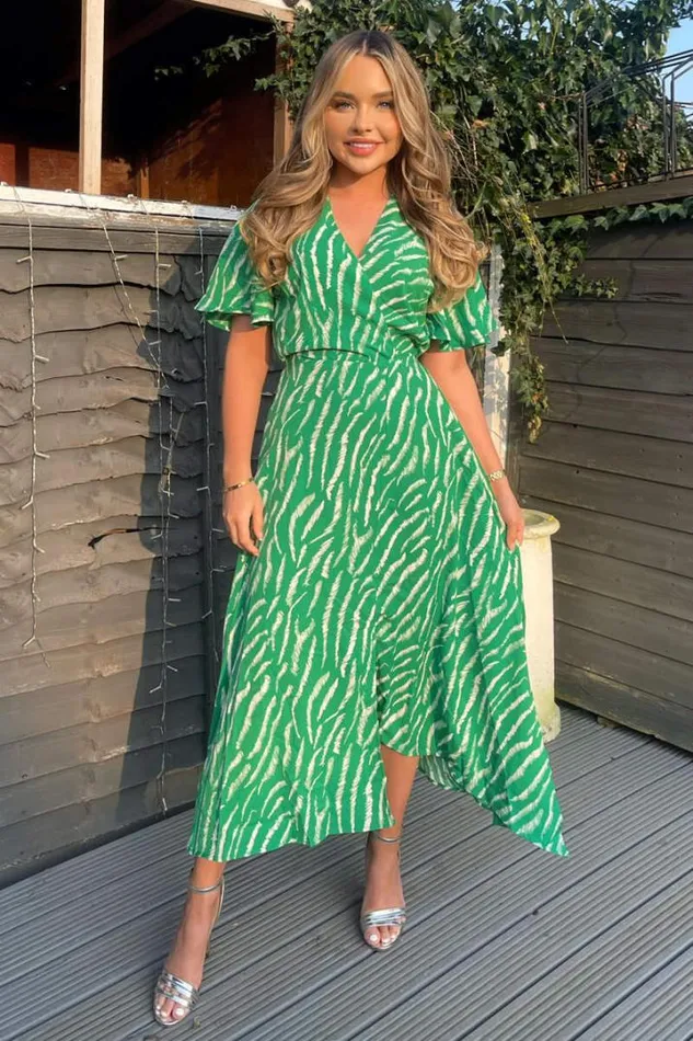 AX Paris Dresses Green And White Animal Print Double Slit Midi Dress