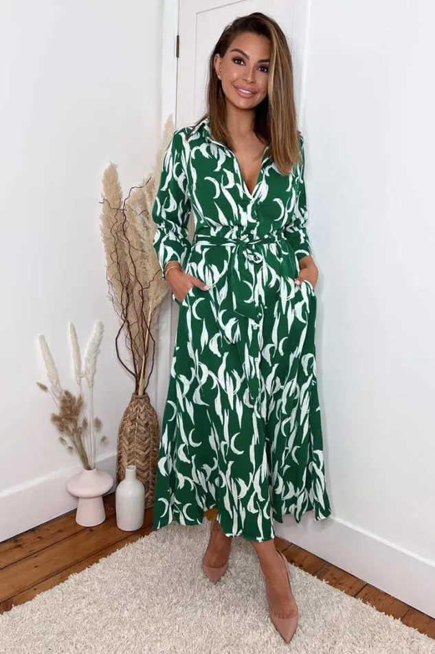 AX Paris Dresses Green And White Printed Button Up Long Sleeve Midi Dress