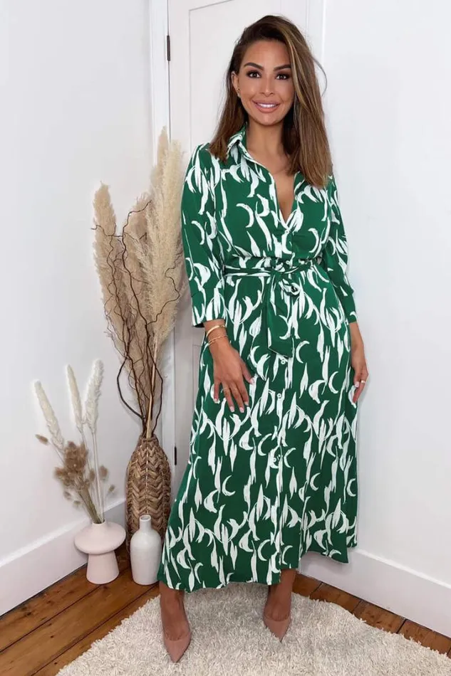 AX Paris Dresses Green And White Printed Button Up Long Sleeve Midi Dress