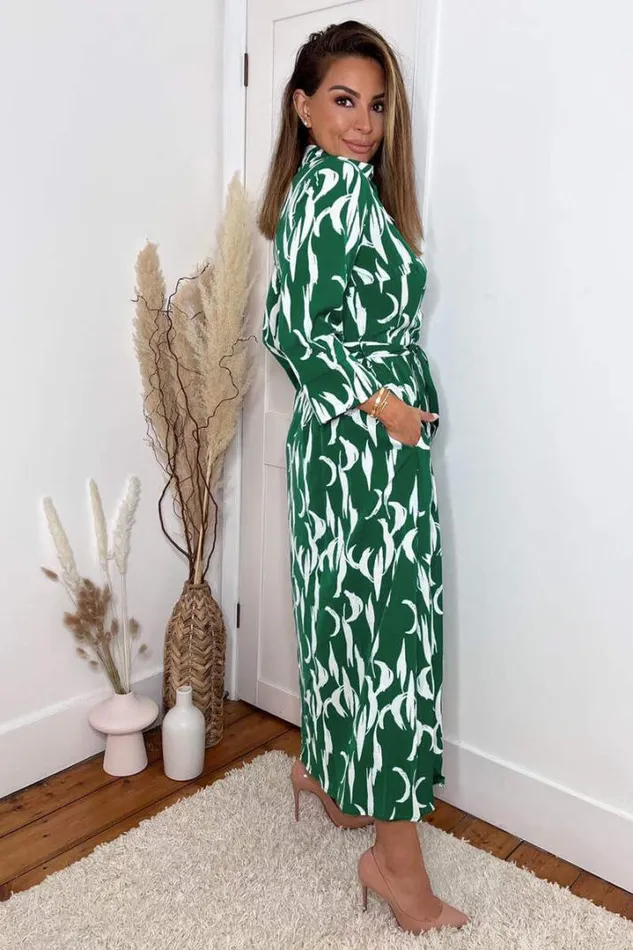 AX Paris Dresses Green And White Printed Button Up Long Sleeve Midi Dress