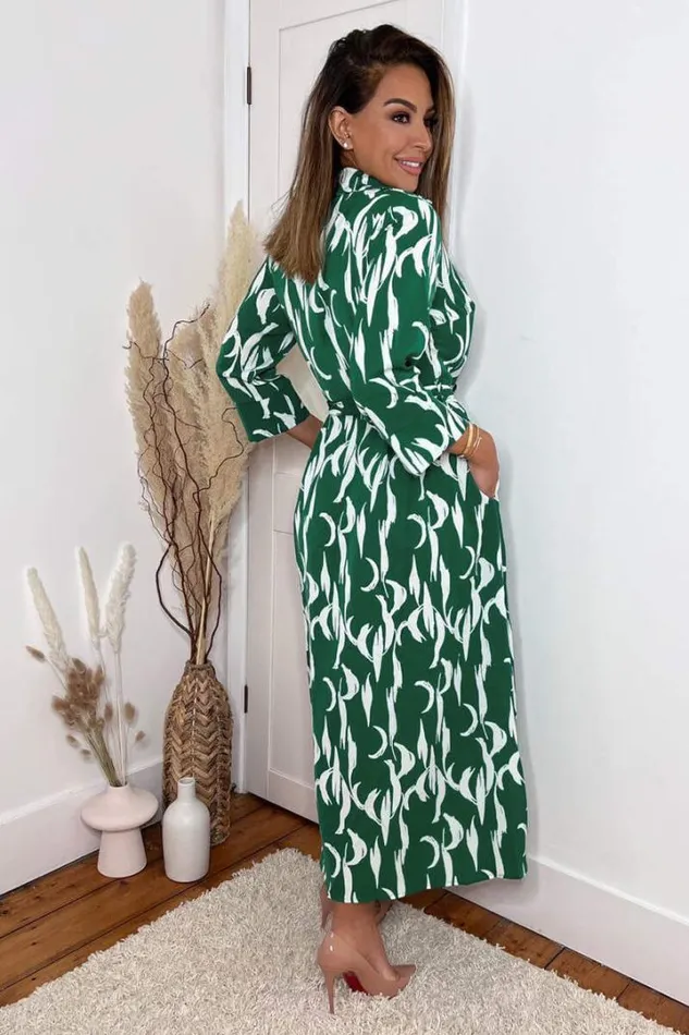 AX Paris Dresses Green And White Printed Button Up Long Sleeve Midi Dress