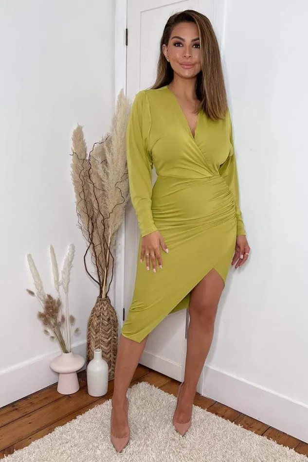 AX Paris Dresses Lime Ruched Side Wrap Top Midi Dress