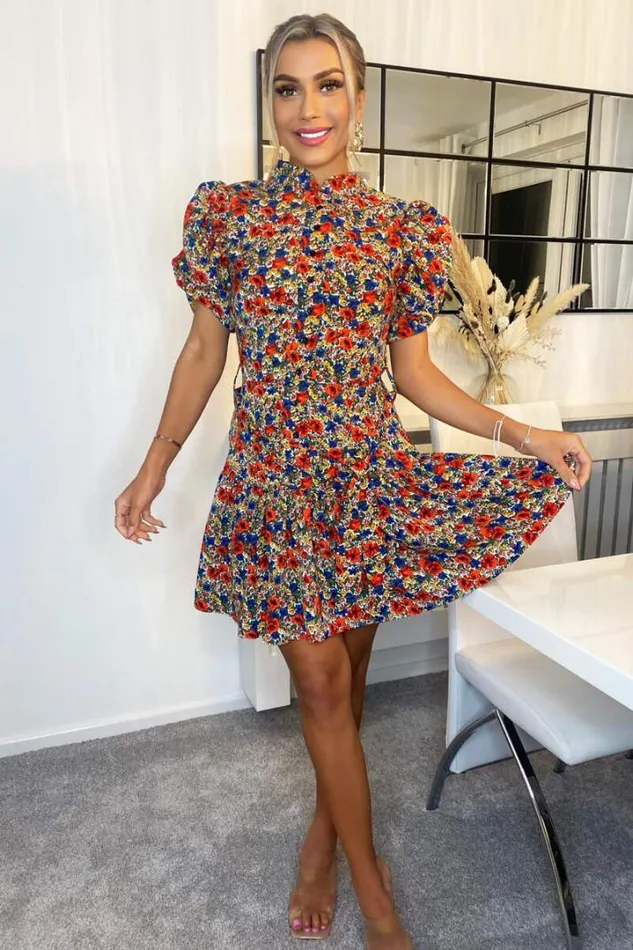 AX Paris Dresses Multi Floral High Neck Button Front Mini Dress