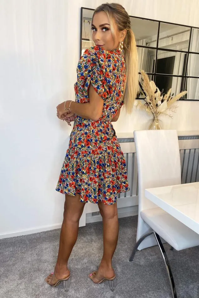 AX Paris Dresses Multi Floral High Neck Button Front Mini Dress