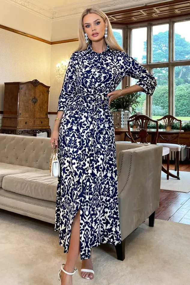 AX Paris Dresses Navy And Cream Printed Shirt Dress