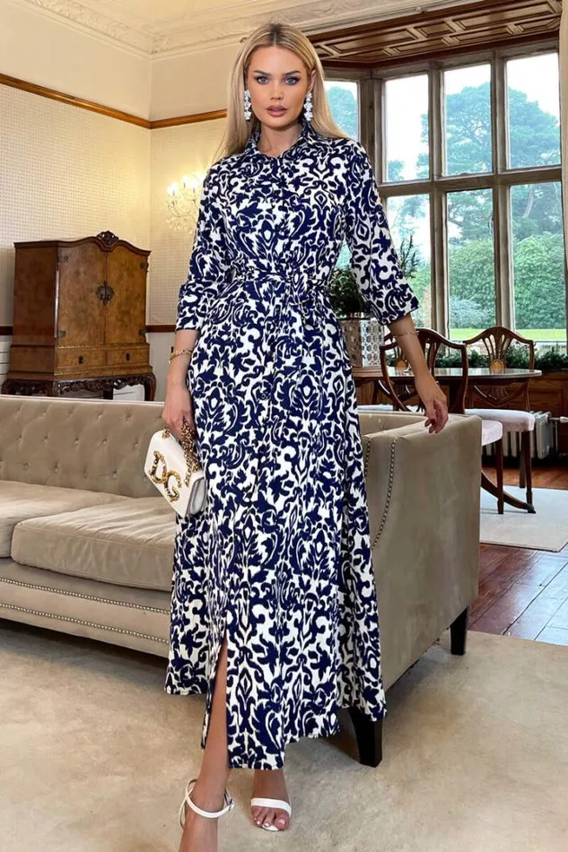 AX Paris Dresses Navy And Cream Printed Shirt Dress