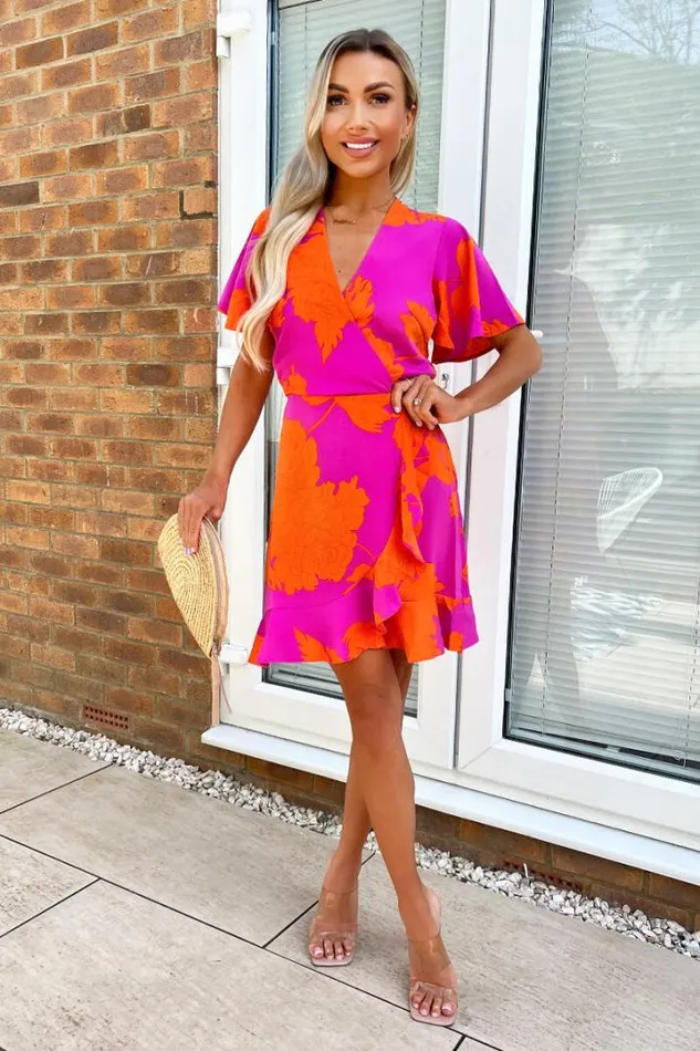 AX Paris Dresses Pink And Orange Floral Printed Short Sleeve Frill Hem Mini Dress