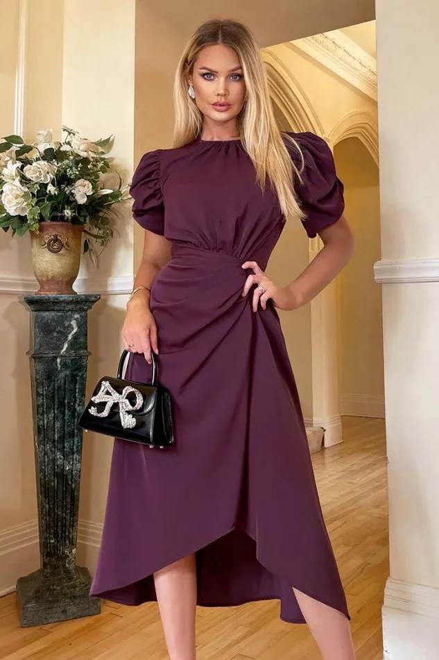 AX Paris Dresses Plum Short Puff Sleeve Gathered Side Midi Dress