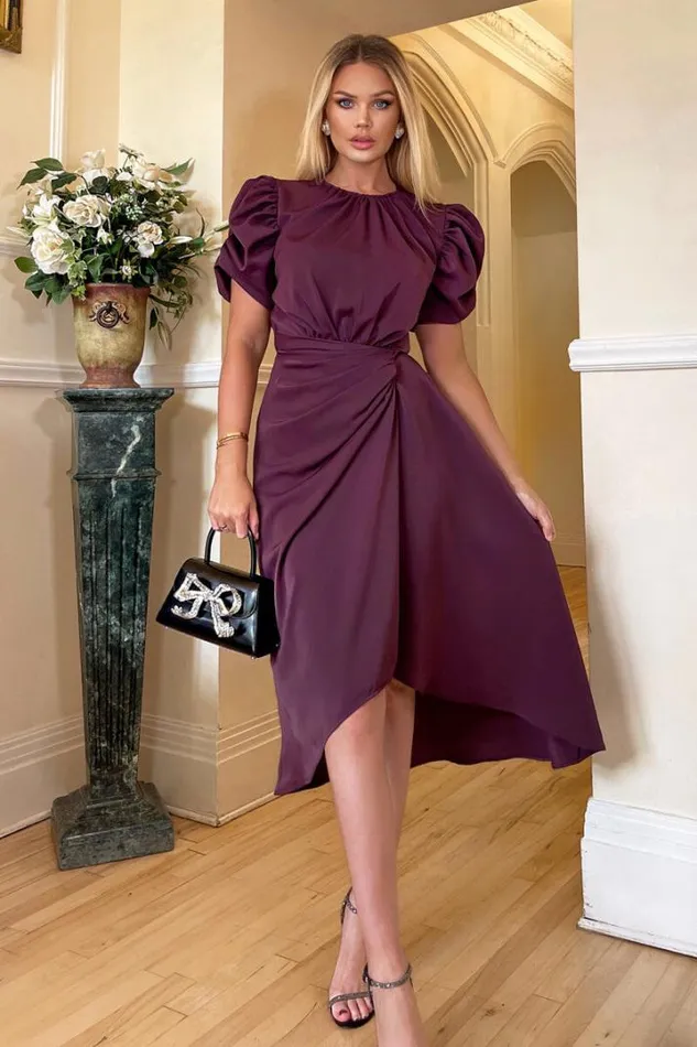 AX Paris Dresses Plum Short Puff Sleeve Gathered Side Midi Dress