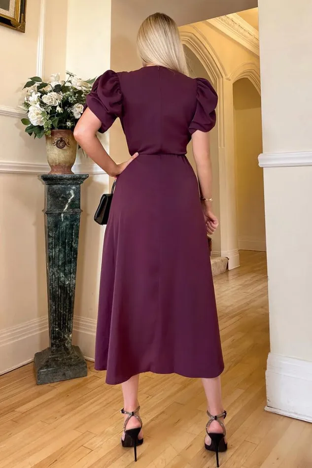 AX Paris Dresses Plum Short Puff Sleeve Gathered Side Midi Dress