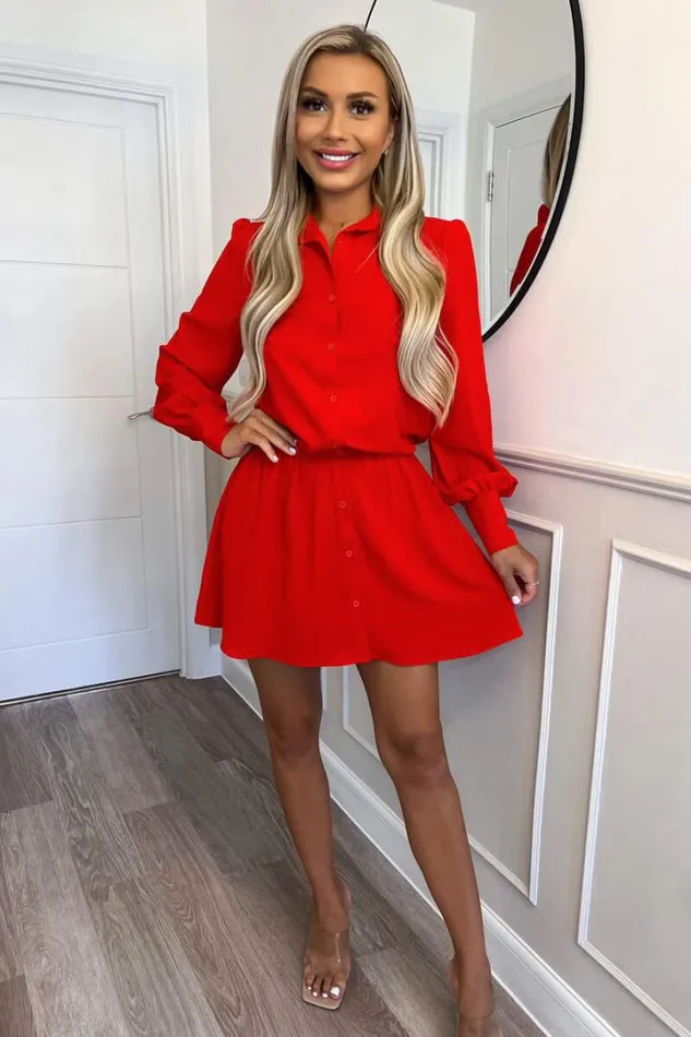 AX Paris Dresses Red Long Sleeve Shirt Dress With Elasticated Waist
