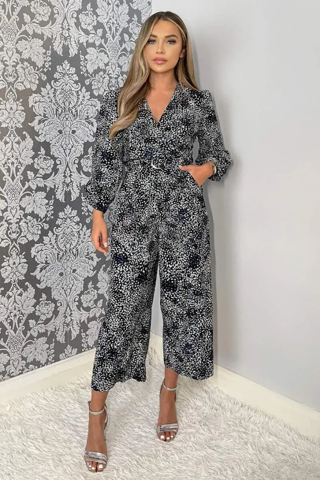 AX Paris Jumpsuits And Playsuits Black And Blue Printed Belted Long Sleeve Jumpsuit