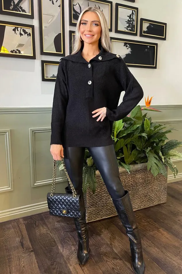 AX Paris Knitwear Black Button Up Knit Jumper