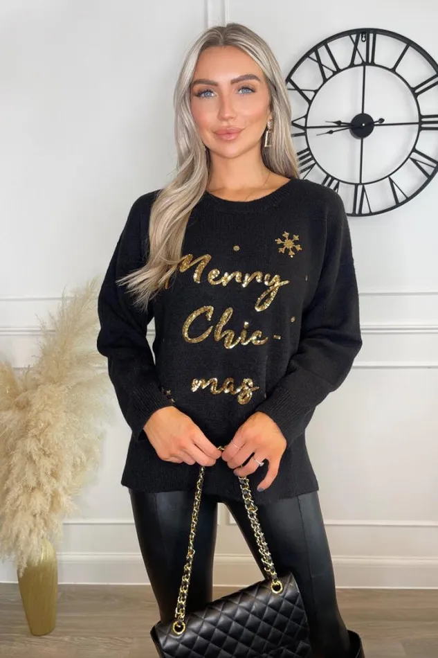 AX Paris Knitwear Black Merry Chicmas Sequin Knit Jumper