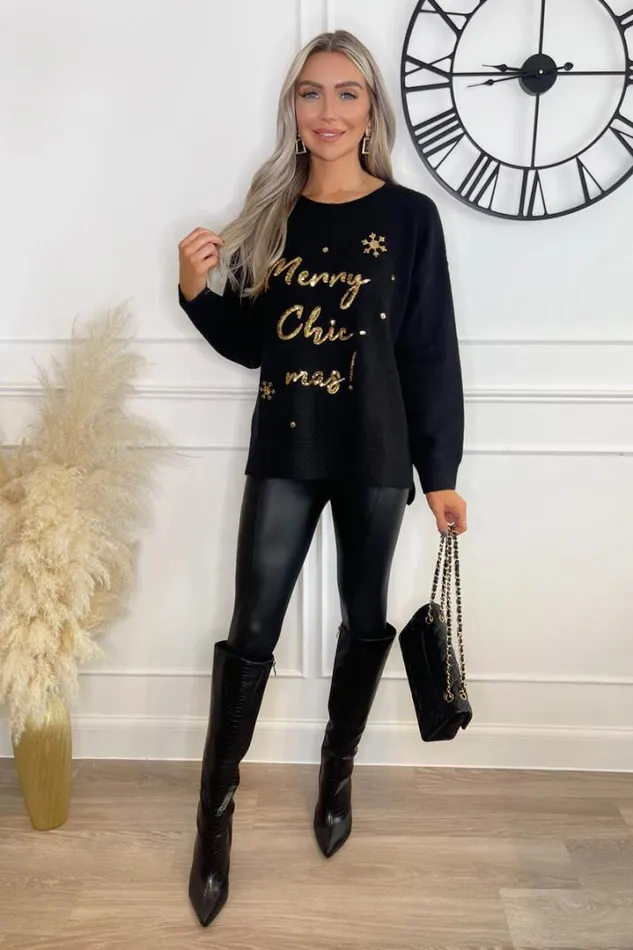 AX Paris Knitwear Black Merry Chicmas Sequin Knit Jumper