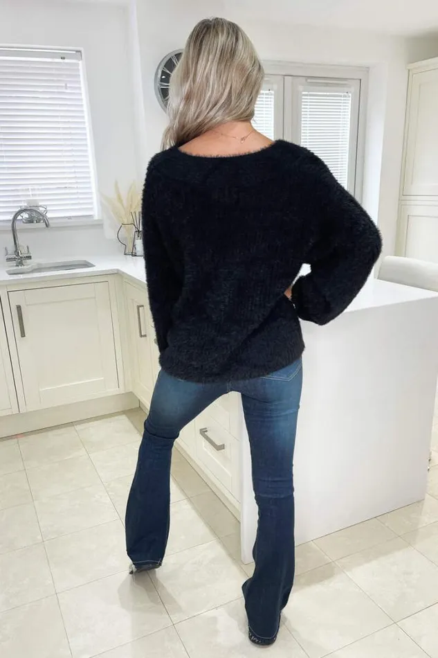AX Paris Knitwear Black VNeck Fluffy Knitted Jumper