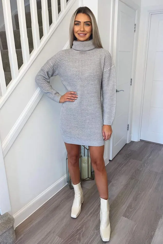 AX Paris Knitwear Silver Roll Neck Knitted Jumper Dress