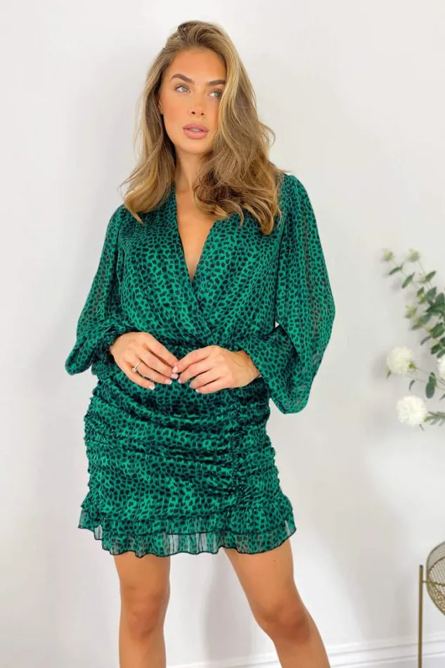 AX Paris Occasion Dresses Green Ruched Long Sleeve Mini Dress