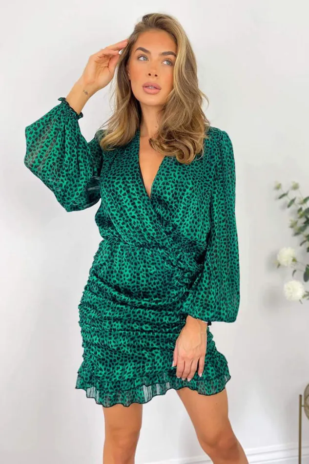 AX Paris Occasion Dresses Green Ruched Long Sleeve Mini Dress