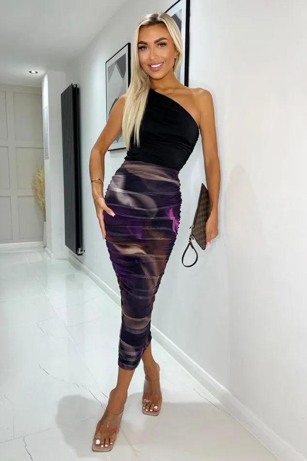 AX Paris Skirts 038 Shorts Plum Abstract Print Mesh Ruched Midi Skirt