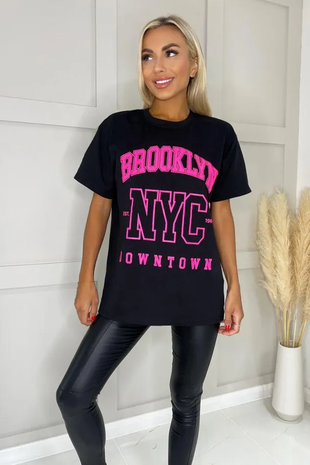 AX Paris Tops Black Brooklyn Slogan TShirt