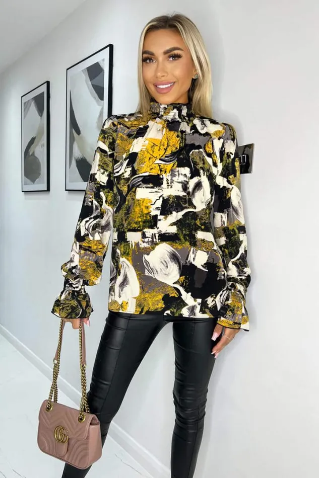 AX Paris Tops Multi Printed Long Sleeve Shirred Detail Top