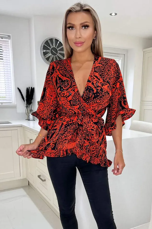 AX Paris Tops Red And Black Printed Frill Hem Wrap Top