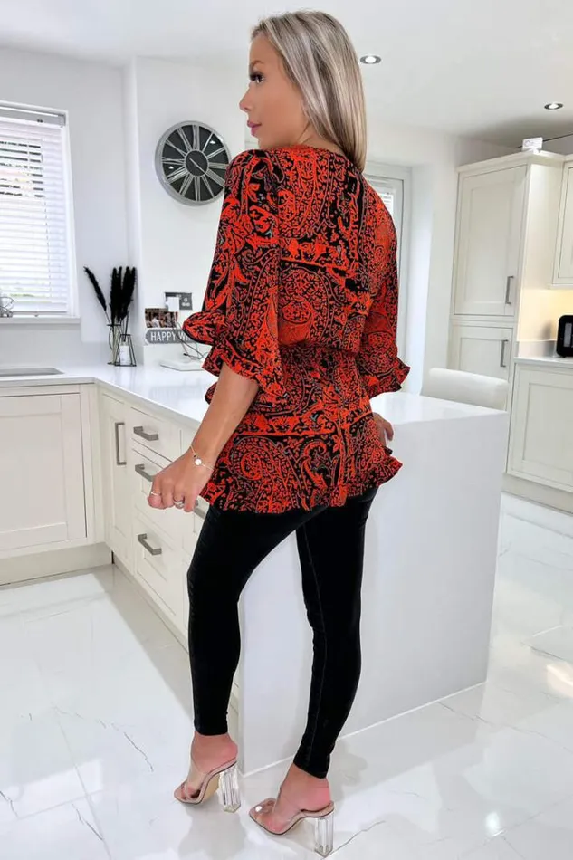 AX Paris Tops Red And Black Printed Frill Hem Wrap Top