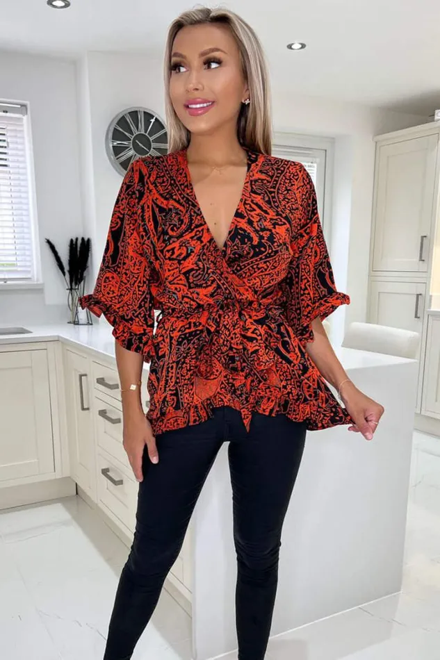 AX Paris Tops Red And Black Printed Frill Hem Wrap Top