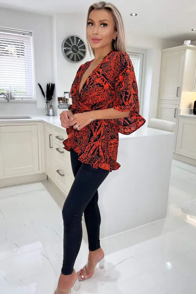 AX Paris Tops Red And Black Printed Frill Hem Wrap Top